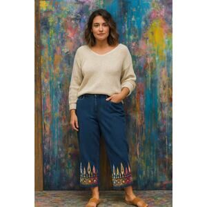 Kin Lee Embroidered Cropped Denim Jeans Women's Large Vintage 90s Y2K Artisan